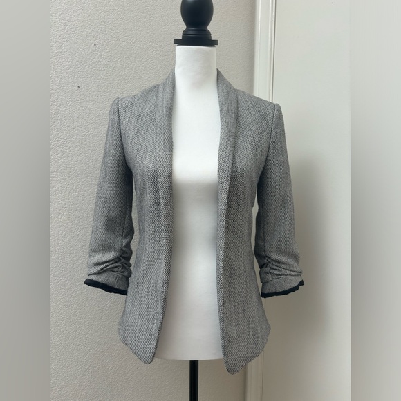 H&M casual blazer herringbone grey size 0 grey 3/4 sleeves open blazer career - Picture 1 of 14